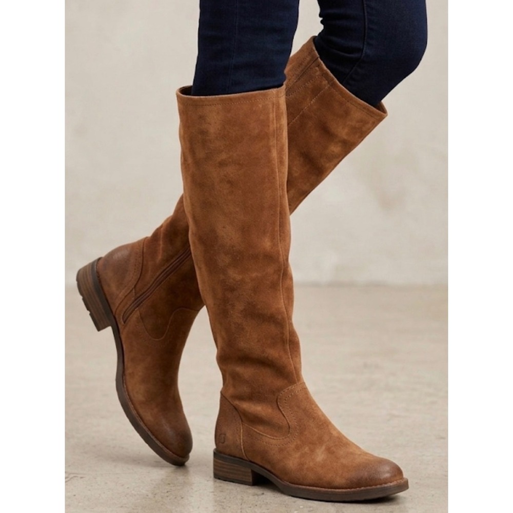 Born Malena‎ Tan Suede Leopard Print Cuff Tall Boots Back Zip 5.5M